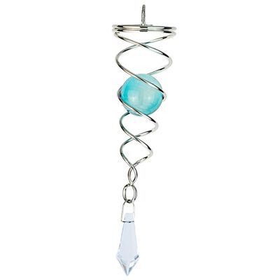 4.5 inch Gazing Ball Spiral Tail, Prefdo Metal Wind Spinner Stabilizer, Crystal Glass Ball Spinning Hanging, Helix Kinetic Silver Twister Garden Decorations(Lake Blue)