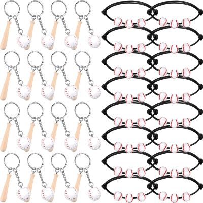 Romooa 32 Pcs Baseball Party Favors Includes 16 Mini Baseball Keychain with Wooden Bat 16 Baseball Charm Bracelets Baseball Beads Bracelet for Baseball Birthday Party Supplies Team Sports Party Favor