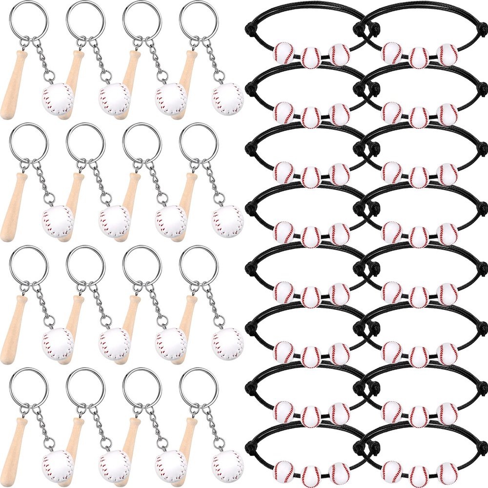 Romooa 32 Pcs Baseball Party Favors Includes 16 Mini Baseball Keychain with Wooden Bat 16 Baseball Charm Bracelets Baseball Beads Bracelet for Baseball Birthday Party Supplies Team Sports Party Favor