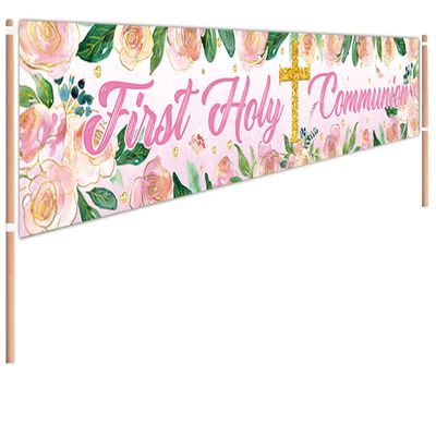 9.8 x 1.6 ft Pink First Holy Communion Banner, Baby Girl 1st Christening Baptism Party Yard Garden Banner, Baby First Holy Communion Decorations Party Supplies, Kid's,Birthday Decor