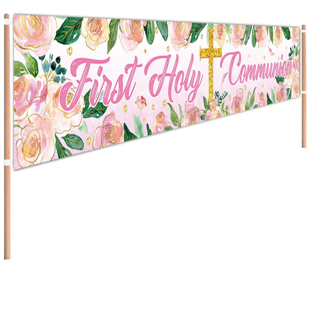 9.8 x 1.6 ft Pink First Holy Communion Banner, Baby Girl 1st Christening Baptism Party Yard Garden Banner, Baby First Holy Communion Decorations Party Supplies, Kid's,Birthday Decor