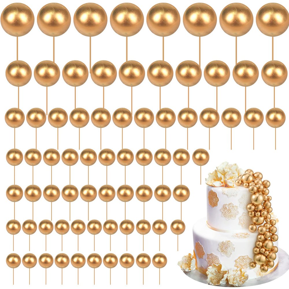108 Pcs Balls Cake Topper DIY Cupcake Insert Foam Balloons for Cake Baking Wedding Anniversary Birthday Decoration(Gold,Multi Sizes)