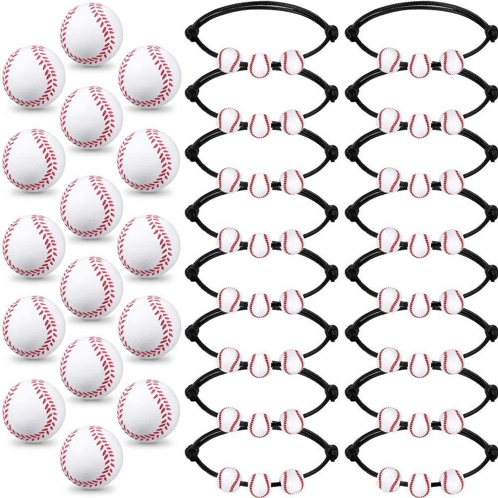 Romooa 32 Pieces Baseball Party Favors Set, 16 Adjustable Baseball Bracelet 16 Mini Sports Stress Ball Foam Theme Party Supplies for Team Sport Birthday Gift(Black)