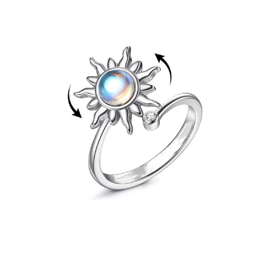 COLORFUL BLING Anxiety Fidget Spinner Ring Fidget Rings for Anxiety Relief Stress Open Adjustable Flower Moon Star Figet Spinning Ring Stackable Ring Fidget Jewelry Women - Moonstone sun Silver