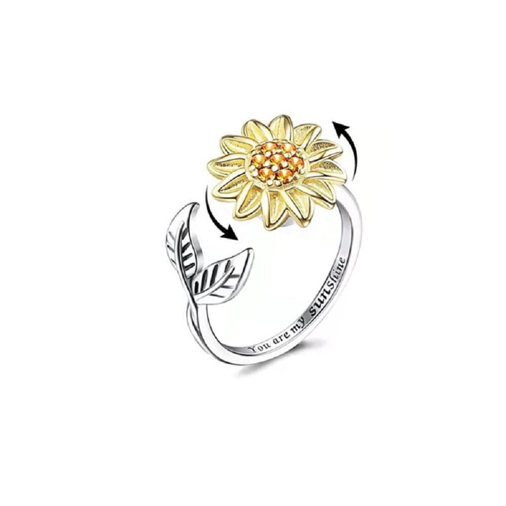 Adjustable Fidget Spinner Flower Rings Anxiety Rotating Sunflower Planet Spinning Anxiety Ring for Women - sunflower