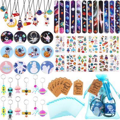 Spakon 84 Pcs Outer Space Party Favors Space Birthday Decorations Tattoos Slap Bracelet Astronaut Pendants Badges Keychains Thank You Cards Gift Bags for Boy Kids Galaxy Birthday Party Supplies