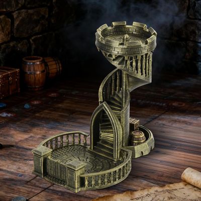 AUSPDICE DND Dice Tower Castle and Tray Retro Dice Rolling Tower for Dungeons and Dragons RPG Tabletop Games (Brushed Brass Color)
