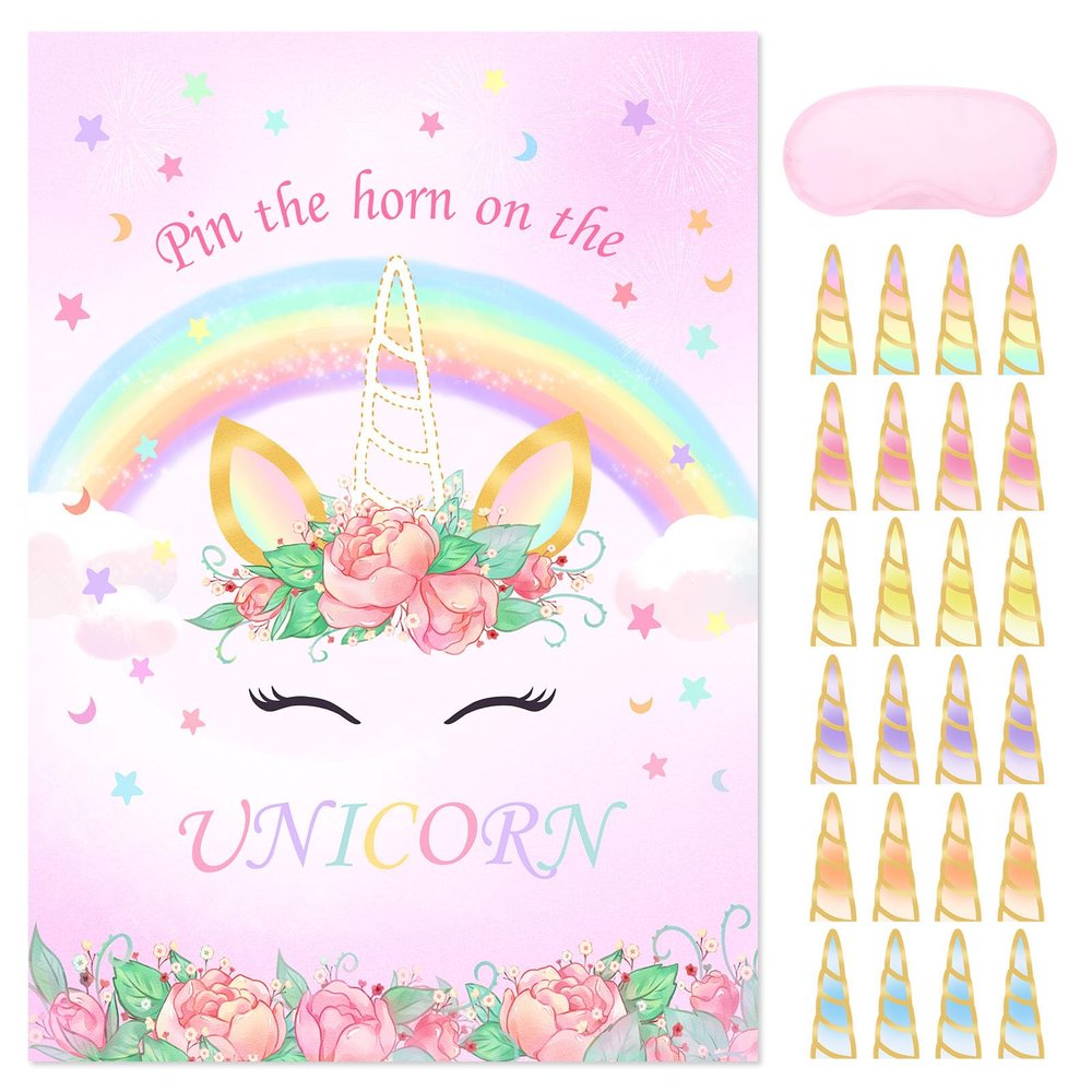 JOARHONAL Pin The Tail on The Unicorn Poster - Unicorn Birthday Party Posters Party Supplies with 24 PCs Horn Stickers and 20'' x 28'' Poster