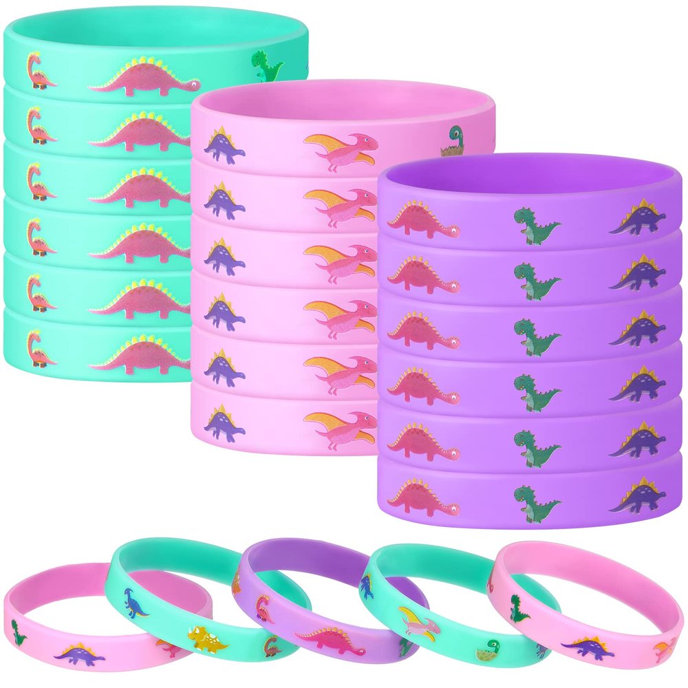 Chivao 30 Pack Dinosaurs Silicone Bracelets Pink Rubber Wristbands for Women Dinosaur Party Favors Birthday Party Supplies Gifts Bags Stuffers