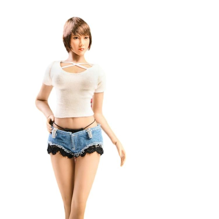 1/6 Scale Female Clothing, Short Sleeves & Denim Shorts Clothes Set for 12inch Action Figure Body Doll (White)