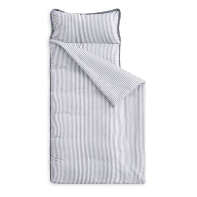 Wake In Cloud - Toddler Nap Mat with Pillow and Blanket, 100% Cotton Fabric, for Kids Boys Girls Ages 3 Plus in Daycare Kindergarten Preschool, Sleeping Bag, Ticking Stripes, Gray, Extra Long