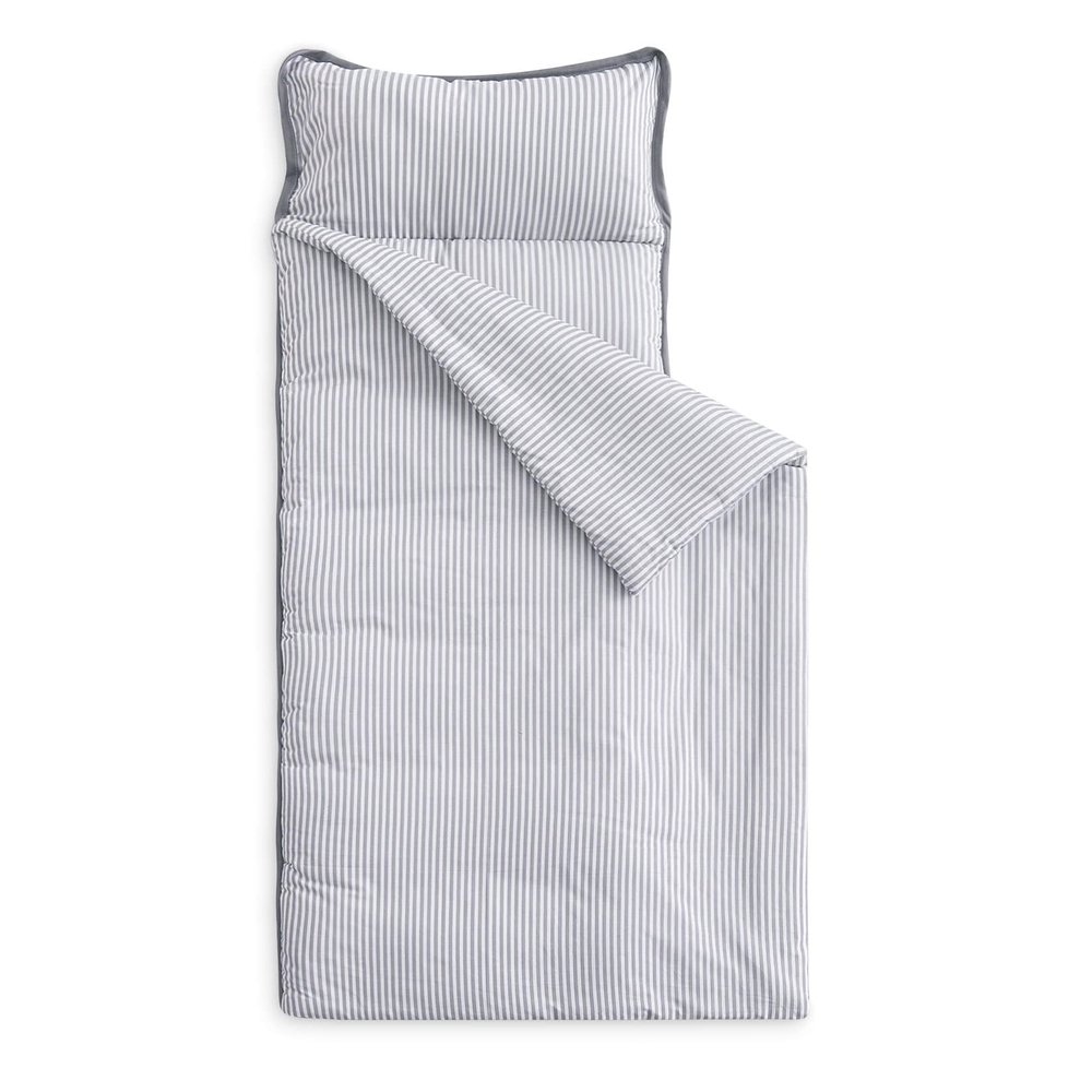 Wake In Cloud - Toddler Nap Mat with Pillow and Blanket, 100% Cotton Fabric, for Kids Boys Girls Ages 3 Plus in Daycare Kindergarten Preschool, Sleeping Bag, Ticking Stripes, Gray, Extra Long