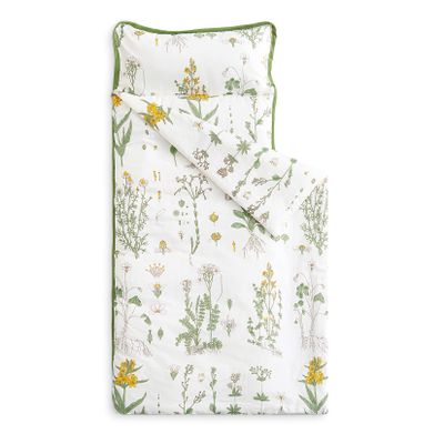 Wake In Cloud - Toddler Nap Mat with Pillow and Blanket, 100% Cotton Fabric, for Kids Girls Ages 3 Plus in Daycare Kindergarten Preschool, Sleeping Bag, Botanical Flowers, Yellow White, Standard