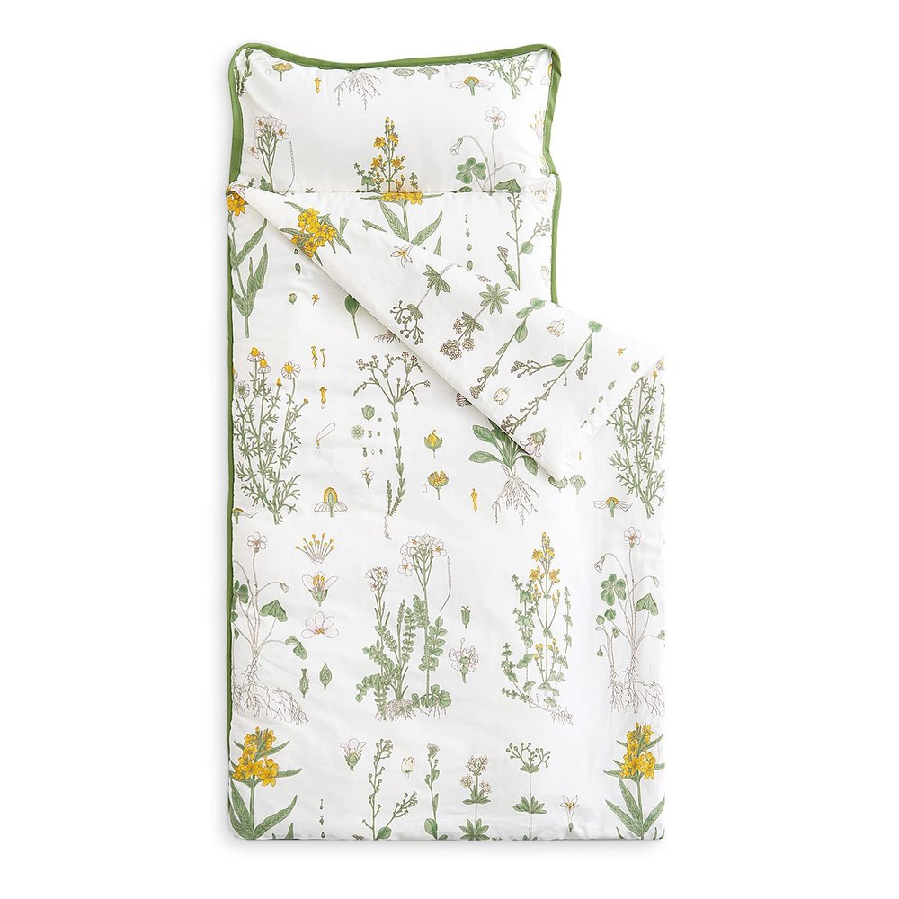 Wake In Cloud - Toddler Nap Mat with Pillow and Blanket, 100% Cotton Fabric, for Kids Girls Ages 3 Plus in Daycare Kindergarten Preschool, Sleeping Bag, Botanical Flowers, Yellow White, Standard