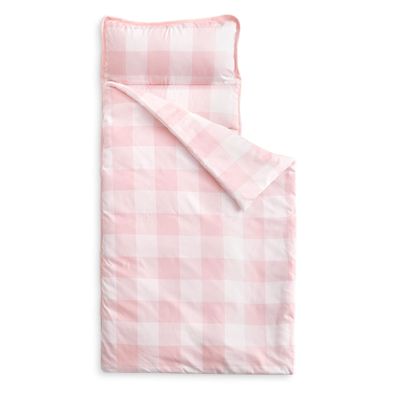 Wake In Cloud - Toddler Nap Mat with Pillow and Blanket, for Kids Boys Girls Ages 3 Plus in Kindergarten Daycare Preschool, Roll Up Sleeping Bag, Gingham Plaid Grid, Light Pink White, Extra Long