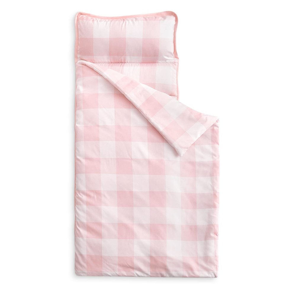 Wake In Cloud - Toddler Nap Mat with Pillow and Blanket, for Kids Boys Girls Ages 3 Plus in Kindergarten Daycare Preschool, Roll Up Sleeping Bag, Gingham Plaid Grid, Light Pink White, Extra Long