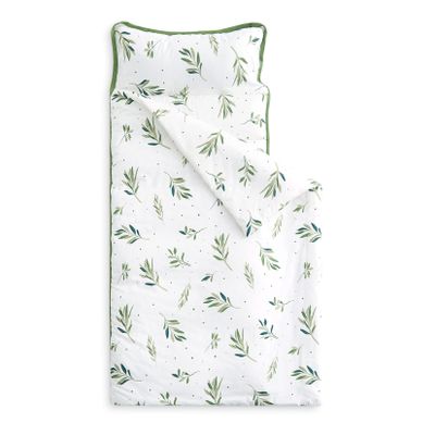 Wake In Cloud - Toddler Nap Mat with Pillow and Blanket, 100% Cotton Fabric, for Kids Girls in Daycare Kindergarten Preschool, Floral Botanical Flowers, White Green, Standard