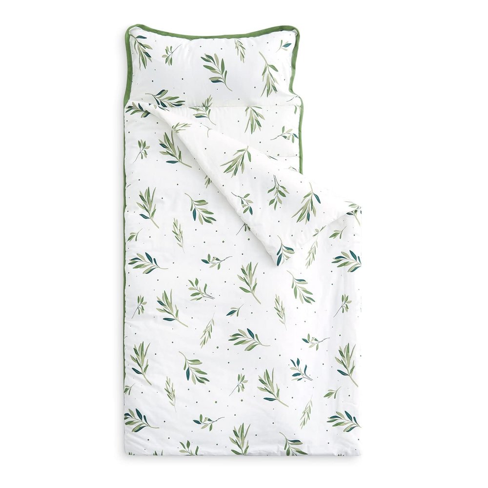Wake In Cloud - Toddler Nap Mat with Pillow and Blanket, 100% Cotton Fabric, for Kids Girls in Daycare Kindergarten Preschool, Floral Botanical Flowers, White Green, Standard