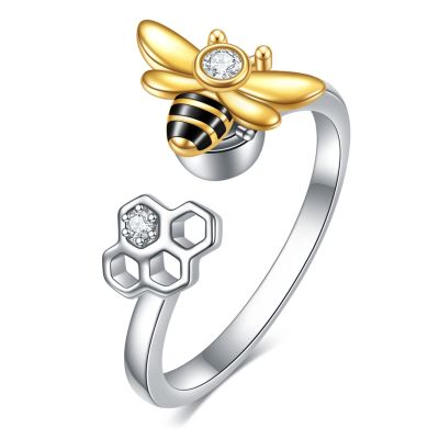 TIGER RIDER Bee Ring for Women 925 Sterling Silver Open Adjuestable Jewelry Gift for Women Bee-2,(7-8)