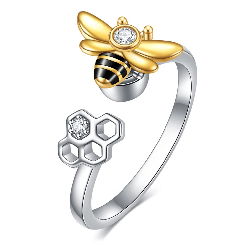 TIGER RIDER Bee Ring for Women 925 Sterling Silver Open Adjuestable Jewelry Gift for Women Bee-2,(7-8)