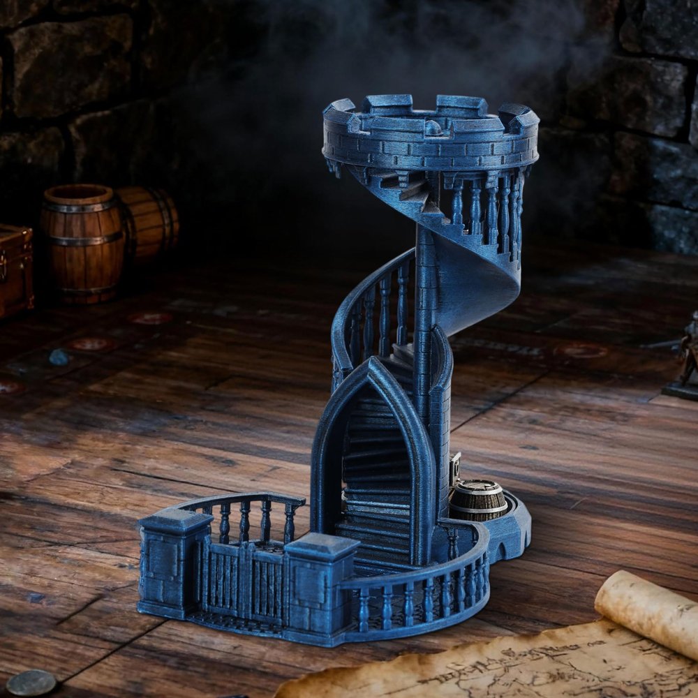 AUSPDICE Dice Rolling Tower and Tray with Spiral Stairs Perfect for Board Game, D&D Dungeons and Dragons, RPG and Pathfinder Role Playing Games (Antique Blue Color)
