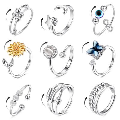 FIBO STEEL 9 Pcs Fidget Anxiety Rings for Women Men Spinner Rings for Anxiety Relieving Stress Open CZ Flower Moon Star Anti Rotatable Rings Adjustable