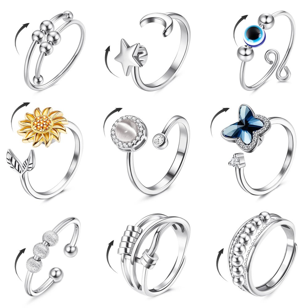 FIBO STEEL 9 Pcs Fidget Anxiety Rings for Women Men Spinner Rings for Anxiety Relieving Stress Open CZ Flower Moon Star Anti Rotatable Rings Adjustable