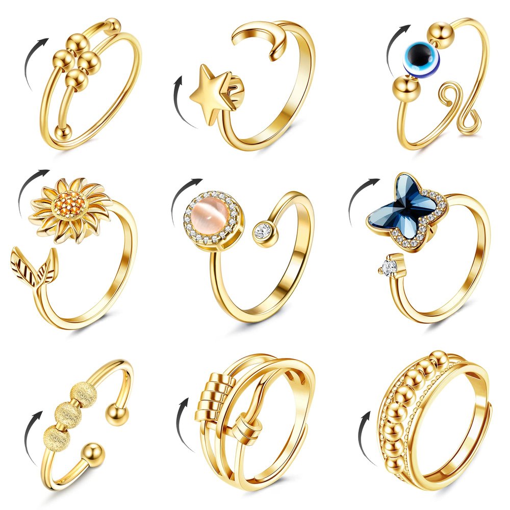 FIBO STEEL 9 Pcs Fidget Anxiety Rings for Women Men Spinner Rings for Anxiety Relieving Stress Open CZ Flower Moon Star Anti Rotatable Rings Adjustable