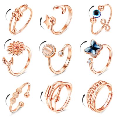 FIBO STEEL 9 Pcs Fidget Anxiety Rings for Women Men Spinner Rings for Anxiety Relieving Stress Open CZ Flower Moon Star Anti Rotatable Rings Adjustable