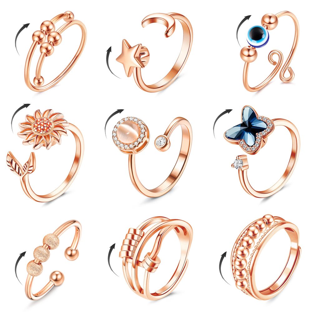 FIBO STEEL 9 Pcs Fidget Anxiety Rings for Women Men Spinner Rings for Anxiety Relieving Stress Open CZ Flower Moon Star Anti Rotatable Rings Adjustable