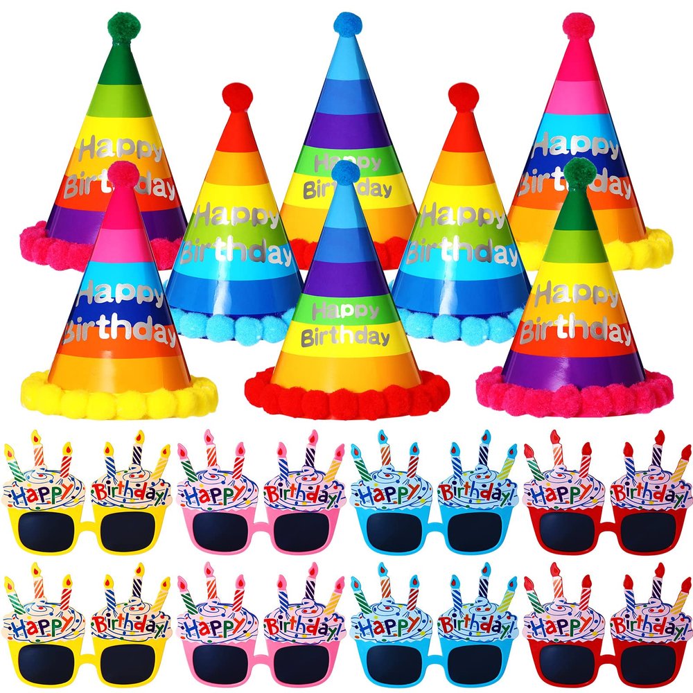Juinte Birthday Party Supplies: Assorted Hats, Sunglasses, Pom Pom Rainbow Cones, Photo Props for Kids and Adults