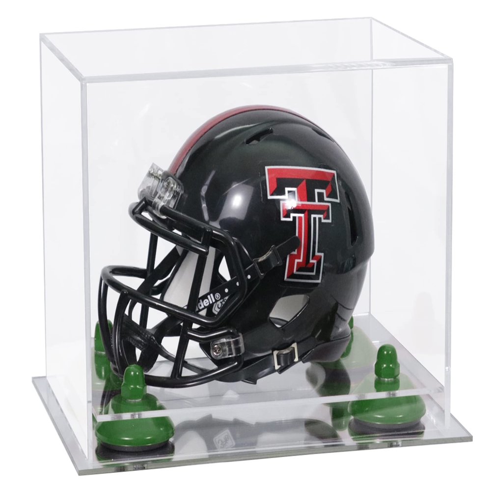 Better Display Cases Acrylic Mini - Miniature Football Helmet (not Full Size) Display Case with Clear Case, Green Risers and Mirror Base (V45/A003)