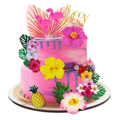 12 PCS Flamingo Cake Toppers Flamingo Palm Leaves Hibiscus Flowers Hawaiian Cake Decorations for Tropical Luau Themed Birthday Supplies