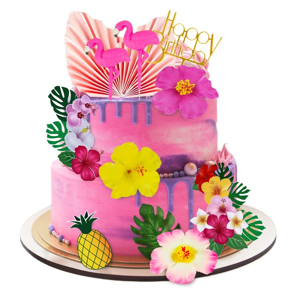 12 PCS Flamingo Cake Toppers Flamingo Palm Leaves Hibiscus Flowers Hawaiian Cake Decorations for Tropical Luau Themed Birthday Supplies