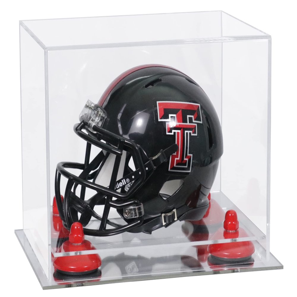Better Display Cases Acrylic Mini - Miniature Football Helmet (not Full Size) Display Case with Clear Case, Red Risers and Mirror Base (V45/A003)