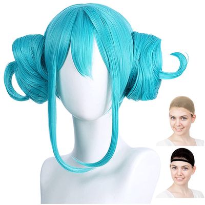 CaseEden Cosplay Wig, Hatsune Miku White Rabbit, White Bunny, Twin Bun with Hair Included, Emerald Green, Teal and White Merce Wig Net, Set of 2