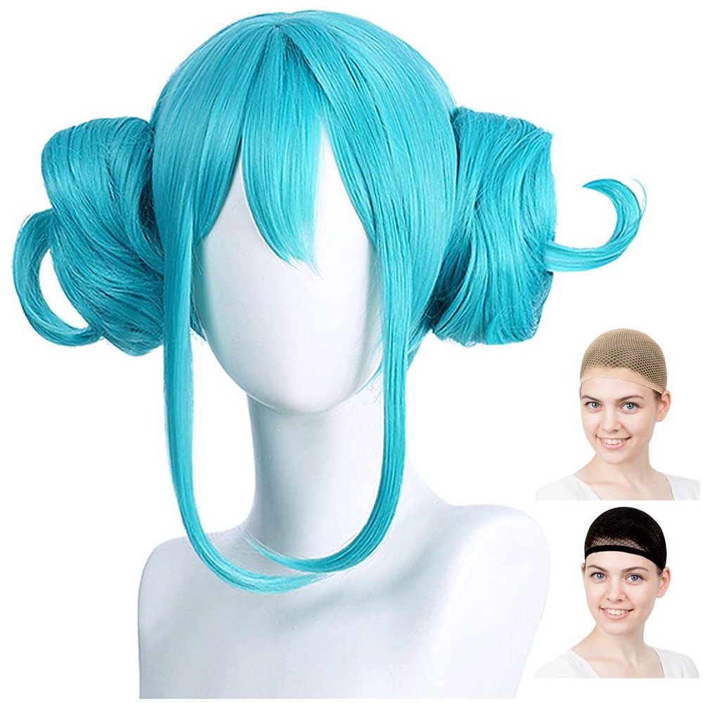 CaseEden Cosplay Wig, Hatsune Miku White Rabbit, White Bunny, Twin Bun with Hair Included, Emerald Green, Teal and White Merce Wig Net, Set of 2