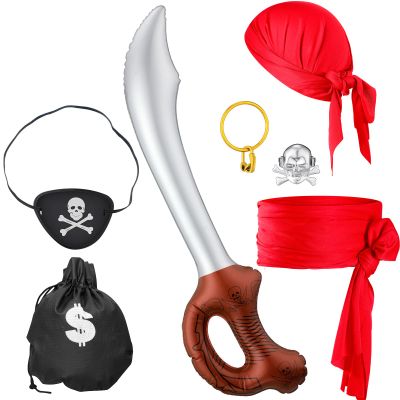 7 Pcs Pirate Costume Accessories for Kids, Pirate Eye Patch Head Bandana Red Sash Inflatable Sword Earring Skull Ring Coin Bag Halloween Dress up Set for Role Play Party