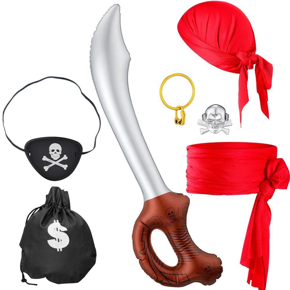 7 Pcs Pirate Costume Accessories for Kids, Pirate Eye Patch Head Bandana Red Sash Inflatable Sword Earring Skull Ring Coin Bag Halloween Dress up Set for Role Play Party