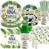 FVABO Young Wild And Three Decorations Tableware, Safari Jungle Theme 3rd Birthday Party Supplies Dinnerware Include Plates, Cup, Napkin, Cutlery, Tablecloth, For 3 Year Old Birthday Party | Serves 24 view 1