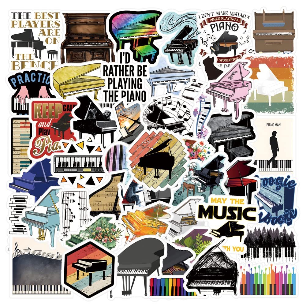 52Pcs Piano StickersAesthetic Sticker Decals for Water Bottle, Laptop, Phone, Skateboard, Scrapbook Music Lovers for Party Supplies Favors Decor