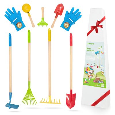 Altdorff 8PCS Kids Rake and Shovel Set, Yard Toys for Kids Ages 3-11, Include Colorful Long Rake, Shovel, Hoe, Leaf Rake, Garden Gifts for Children Outdoor Play