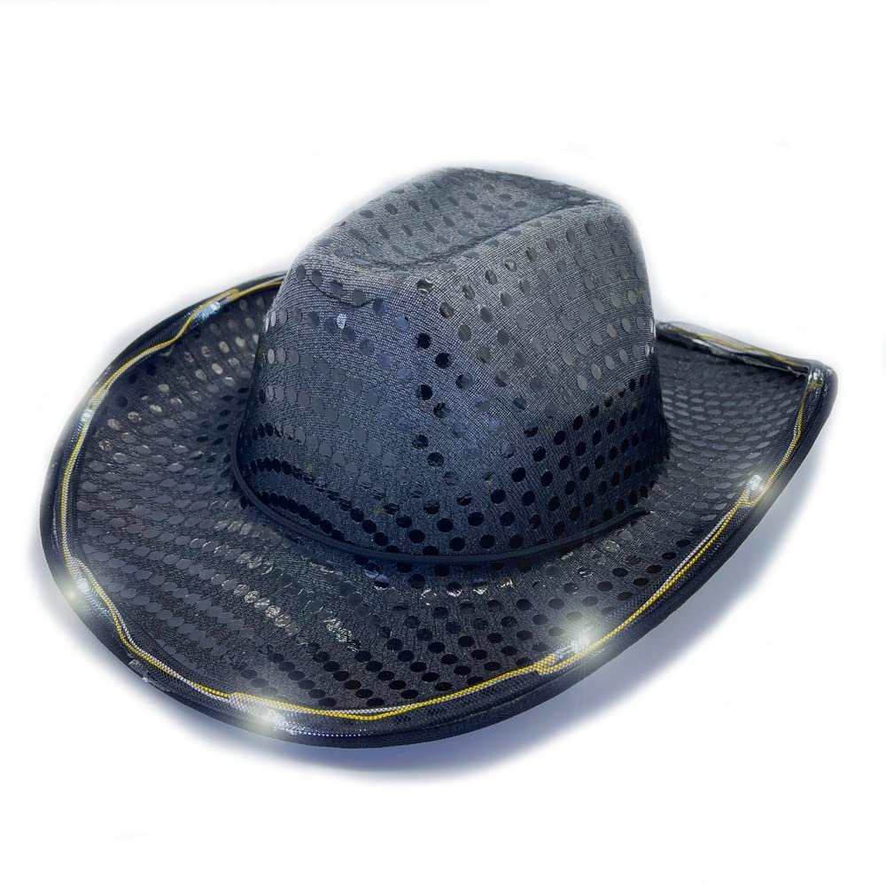 YADIRF Led Hat Cowboy Sequin Party Cap Flashing Light Up Dance Party Cowboy For Halloween Costume Cosplay Holiday (Black)