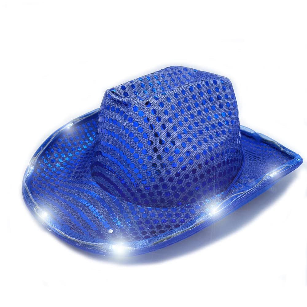 YADIRF Led Hat Cowboy Sequin Party Cap Flashing Light Up Dance Party Cowboy For Halloween Costume Cosplay Holiday (Blue)