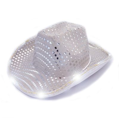 YADIRF Led Hat Cowboy Sequin Party Cap Flashing Light Up Dance Party Cowboy For Halloween Costume Cosplay Holiday (Silver)