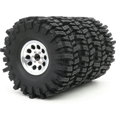 HOBBYSOUL 1.9 Crawler Tires and Wheels 120mm Soft Sticky 1.9 Mud Slingers Tires & 1.9 Beadlock Wheels Silver Rim for 1/10 RC Crawler Traxxas TRX4 Axial SCX10, (4 Pack)