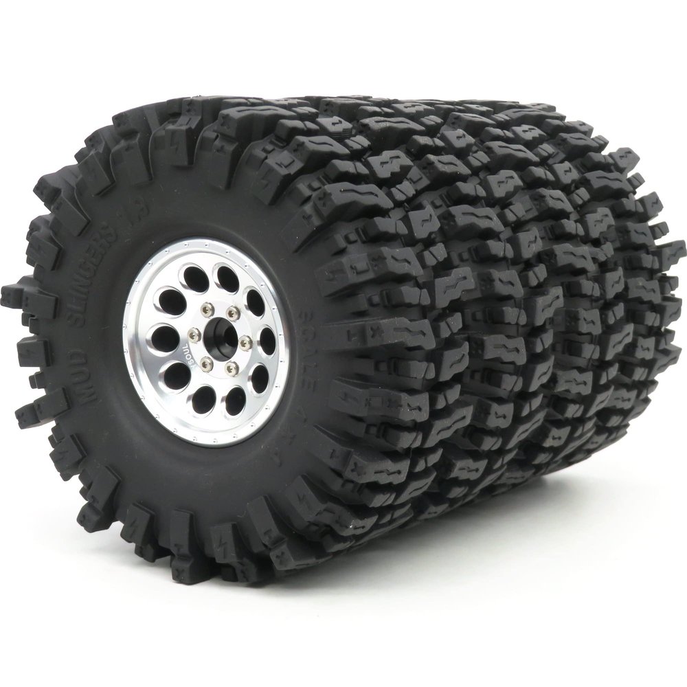 HOBBYSOUL 1.9 Crawler Tires and Wheels 120mm Soft Sticky 1.9 Mud Slingers Tires & 1.9 Beadlock Wheels Silver Rim for 1/10 RC Crawler Traxxas TRX4 Axial SCX10, (4 Pack)