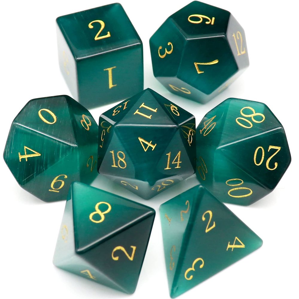 Haxtec Gemstone DND Dice Set Emerald Green Cat Eye Stone Dice with Dice Case Compatible with Dungeons and Dragons Role Playing Games DNDGift
