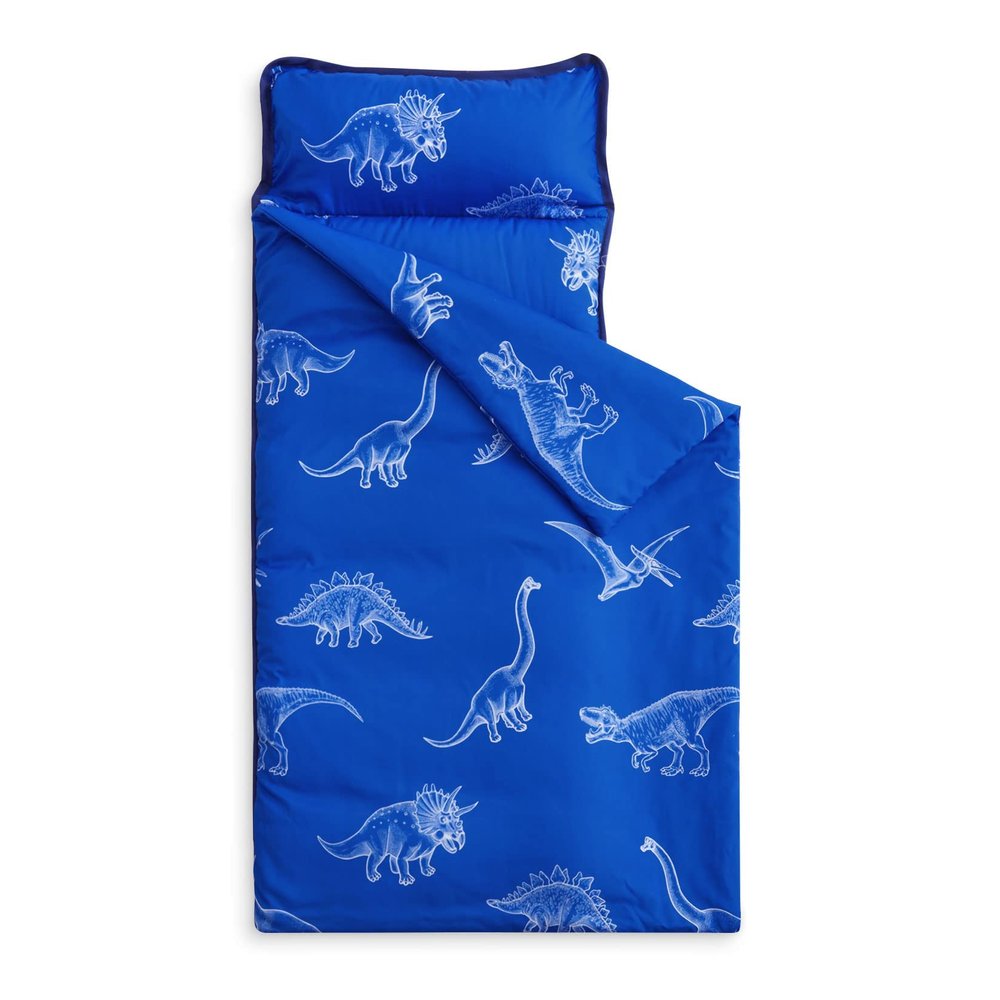 Wake In Cloud - Toddler Nap Mat with Pillow and Blanket, for Kids Boys Ages 3 Plus in Kindergarten Daycare Preschool, Roll Up Sleeping Bag, Jurassic Dinosaur Dino, Blue, Standard