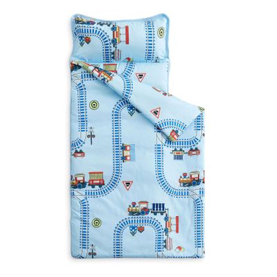 Wake In Cloud - Toddler Nap Mat with Pillow and Blanket, for Kids Boys in Kindergarten Daycare Preschool Pre K, Roll Up Sleeping Bag, Cars Vehicles Trains Airplanes, Light Sky Blue, Standard